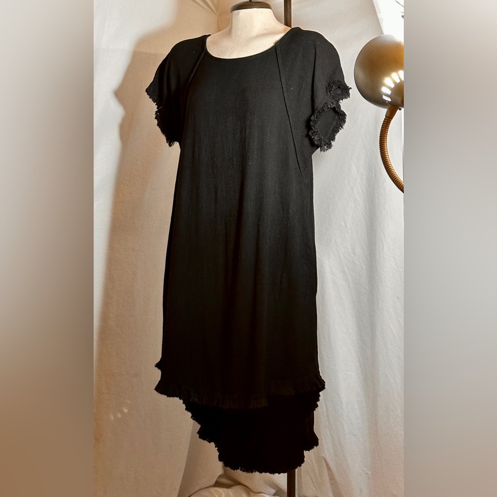 Umgee USA Black Linen Blend Dress Fringe Hem High Low Tunic M Boho Minimalist